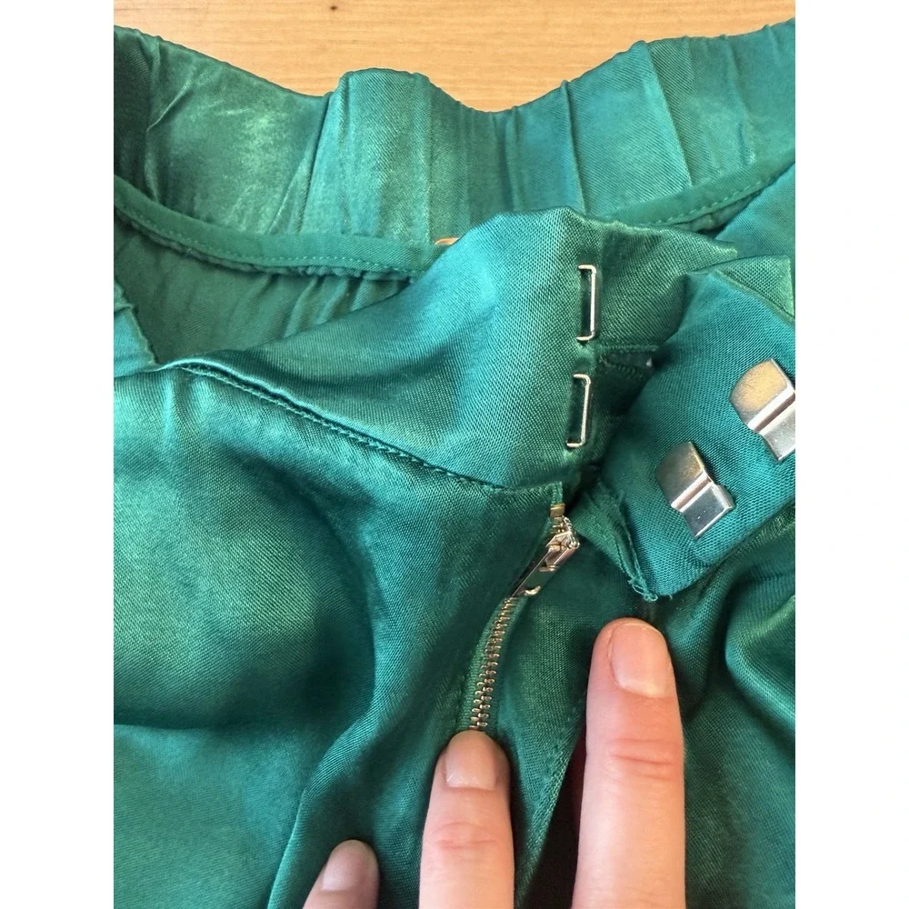 💚Free People Satin Palazzo Pants L Emerald Green Wide Leg High Rise Viscose